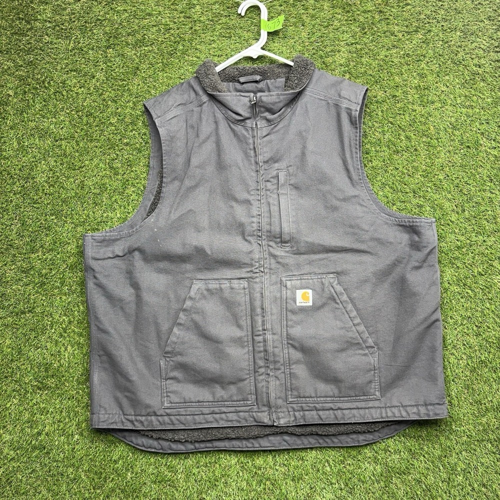 Carhartt Sherpa Lined Duck Canvas Vest Mens 2XL Gray Full Zip Work 104277 GVL